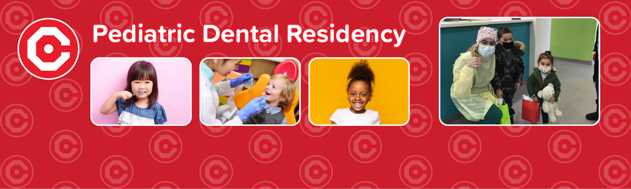 Four photographs from left to right: Photo 1: a young girl brushes her teeth on a pink background. Photo 2: a young child with shoulder length hair sits in a dental chair with a dentist. Photo 3: a young child smiles on an orange background. Photo 4: a dentist in a mask and gown hugs a child and sibling after a visit. All photos are on a red background with a white C shaped logo. Pediatric Dental Residency in White text.