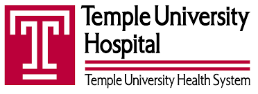 Temple University Hospital Temple University Health System with a red rectangle with white T inside.